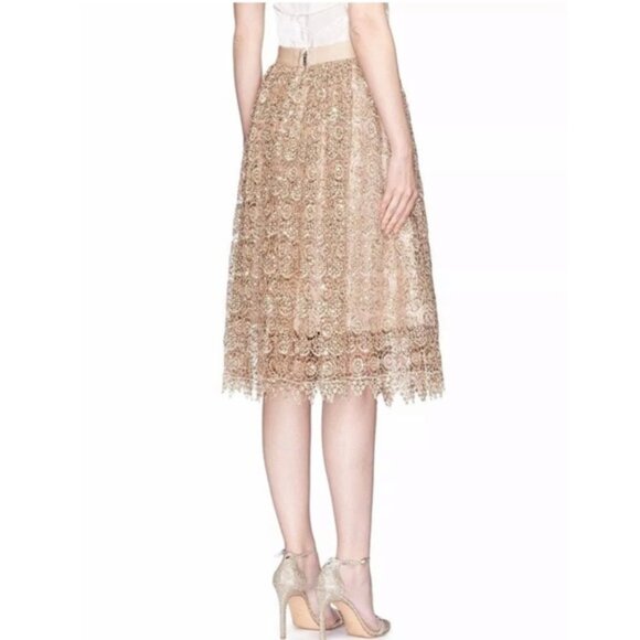 ALICE + OLIVIA light gold champagne sequin lace Almira midi a-line skirt - Picture 3 of 13